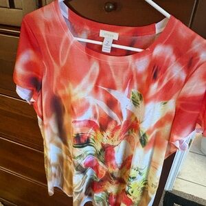 Chico's Floral Short Sleeve Top - multicolored orange floral crystals.